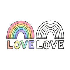 Colorful Rainbow 'Love' and Black & White Outline Art Illustration