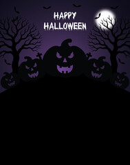 Spooky pumpkins with grinning faces line a dark landscape, silhouetted against a purple sky. Barren trees and bats add to the eerie Halloween atmosphere, creating a festive vibe.