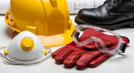 Construction Safety Gear with Yellow Helmet and Gloves on White Surface