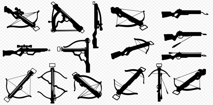 A diverse collection of black crossbow weapon silhouettes displayed from multiple angles against a transparent background.