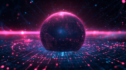 Futuristic pixelated Earth globe displayed on a digital grid with glowing connections symbolizing technology data networks global communication and modern virtual world visualization