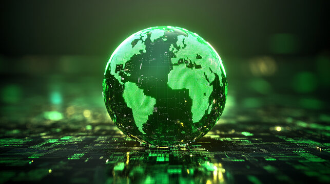 Futuristic pixelated Earth globe displayed on a digital grid with glowing connections symbolizing technology data networks global communication and modern virtual world visualization - Powered by Adobe