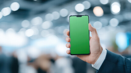 Smartphone Hand Businessman Green screen Technology Mobile device Holding Blurred background Office Communication Touchscreen Modern Digital