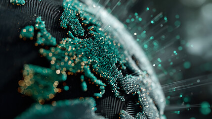 Futuristic pixelated Earth globe displayed on a digital grid with glowing connections symbolizing technology data networks global communication and modern virtual world visualization