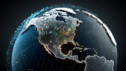 Futuristic pixelated Earth globe displayed on a digital grid with glowing connections symbolizing technology data networks global communication and modern virtual world visualization