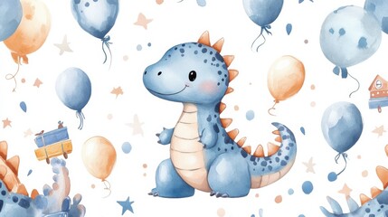 adorable baby dinosaur seamless pattern with toys and balloons, watercolor, white background