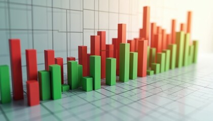 Colorful bar chart visualizing data trends over time, with green, red bars indicating fluctuations, performance. Numerical graphical representation for financial analysis, business intelligence,