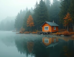 Charming orange cottage nestled in dense forest beside misty lake. Wooden bungalow offers tranquil, secluded retreat with serene water reflection. Atmospheric, moody, and peaceful nature escape.