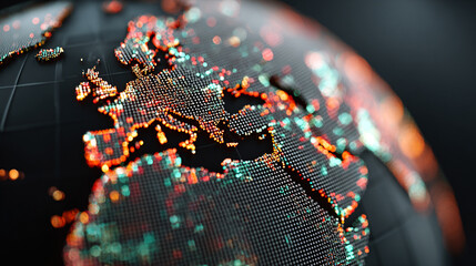 Futuristic pixelated Earth globe displayed on a digital grid with glowing connections symbolizing technology data networks global communication and modern virtual world visualization