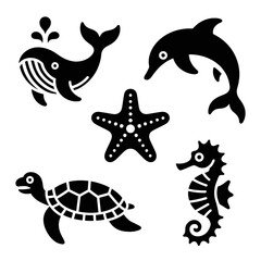 Naklejka premium Black and white vector illustration of sea animals including a whale dolphin starfish sea turtle and seahorse for ocean themed designs and educational resources perfect for children's books