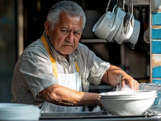 Focused Senior Worker Man Washing Dishes in a In a Kitchen in a Restaurant Setting