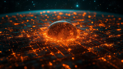 Futuristic pixelated Earth globe displayed on a digital grid with glowing connections symbolizing technology data networks global communication and modern virtual world visualization