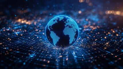 Futuristic pixelated Earth globe displayed on a digital grid with glowing connections symbolizing technology data networks global communication and modern virtual world visualization