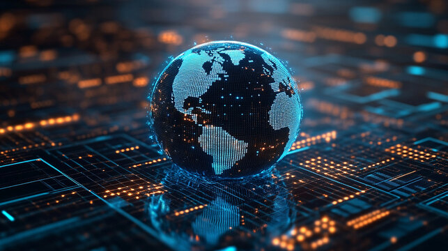 Futuristic pixelated Earth globe displayed on a digital grid with glowing connections symbolizing technology data networks global communication and modern virtual world visualization