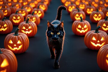 A Mysterious Black Cat Strolls Through a Spooky Pumpkin Patch Illuminated by Glowing Jack-o'-Lanterns, Capturing the Essence of Halloween Night