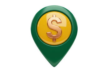 Isolated location pin graphic with dollar symbol indicating money or financial center
