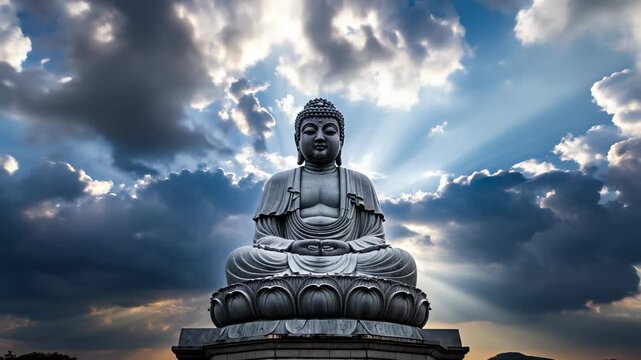 Grand statue of Buddha illuminated by sunlight in a serene landscape at sunset - Powered by Adobe