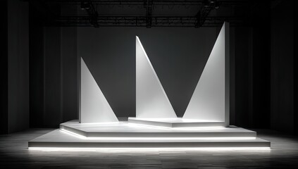 Minimalist white stage with triangular accents