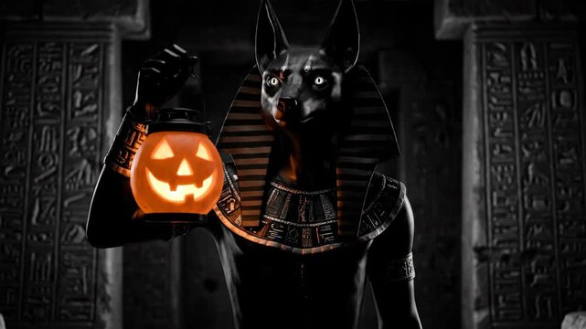 Jackal God Halloween Lantern - A black and white video of an Anubis-like figure, depicted as a jackal-headed god, holding a glowing Halloween lantern.