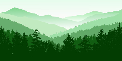 Serene green mountain range layered with dense evergreen forest silhouette under a bright sky © Bivuti