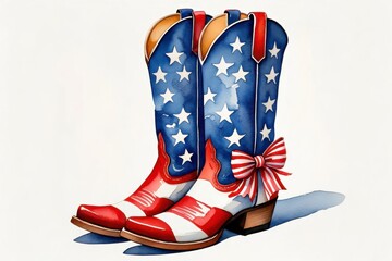 A Vibrant Pair of Americana-Themed Cowboy Boots Featuring Red, White, and Blue Colors with Stars and a Festive Bow, Perfect for Celebrating National Pride