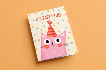 A Colorful and Cheerful Greeting Card Featuring a Playful Pink Cat Celebrating with a Party Hat and Festive Polka Dots on a Bright Orange Background