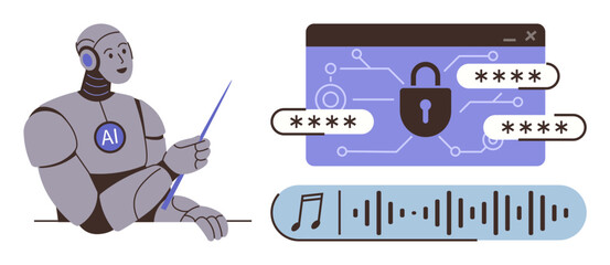 AI robot pointing to encrypted browser with password protection and audio wave, symbolizing digital security, data protection, and AI integration. Ideal for technology, cybersecurity, encryption, AI