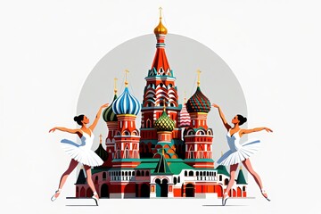 Two Ballerinas Gracefully Performing in Front of a Colorful and Ornate Cathedral Surrounded by a Circle, Representing Artistic Expression and Culture