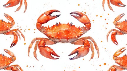 crabs seamless pattern, watercolor painting, white background