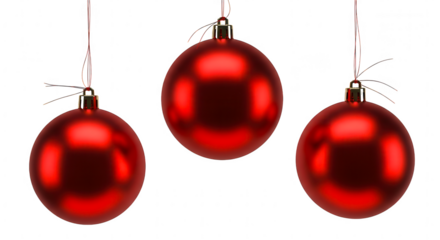 Three shiny red oval christmas ornaments hanging and isolated on transparent background