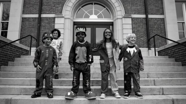 Diverse Kids in Halloween Costumes on School Steps - A group of children in various Halloween costumes stand on the steps of a school building.