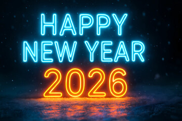 Obraz premium New Year and Christmas 2025/2026. New Year's background. Festive mood. Postcard. Bright lights. Neon signboard.