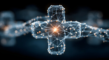 A visual representation of a secure blockchain netwok with interconnected node and a medical cross, symblizing the integration of lockchain in healthcare.
