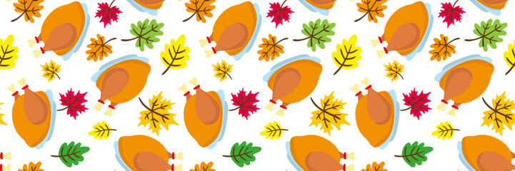Obraz premium thanksgiving day seamless pattern with autumn leaves and roast turkey white background vector illustration for seasonal greeting cards banners