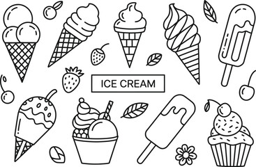 Whimsical collection of hand-drawn ice cream treats and fruits for a sweet summer delight.