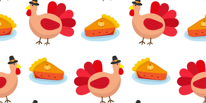 Fototapeta cute kids wallpaper seamless background with cartoon turkeys and pumpkin pie for fall celebrations
