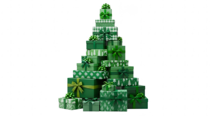 Towering christmas tree made of stacked green gift boxes with ribbons isolated on transparent background