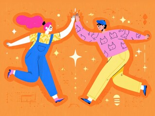 Celebrating Connection: Two Friends High-Fiving Against a Vibrant Orange Background, Embodying Joy, Energy, and Playful Camaraderie in a Fun Illustration