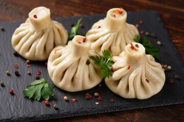 Delicious Handcrafted Dumplings Displayed on a Slate Board Surrounded by Colorful Spices and Fresh Herbs