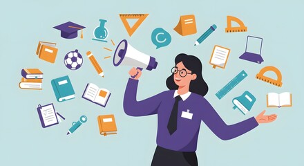 Fototapeta premium Flat vector of teacher holding megaphone surrounded by icons of books, pencils, rulers
