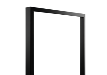 Sleek, minimalist empty picture frame, matte black powder-coated steel, thick flat border, sharp geometric lines, isolated on transparent background with soft studio light, concept of modern art and