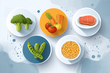 Healthy food illustration showing balanced nutrition with vegetables, fish, legumes and grains, concept of diet and wellbeing science