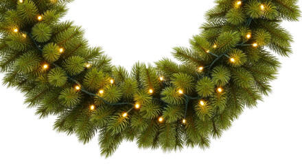 Close up of a lush green christmas garland with warm white fairy lights isolated on transparent background
