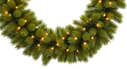 Close up of a lush green christmas garland with warm white fairy lights isolated on transparent background