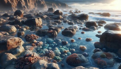 Obraz premium Realistic Coastal Tide Pools Rocky pools marine life soft light
