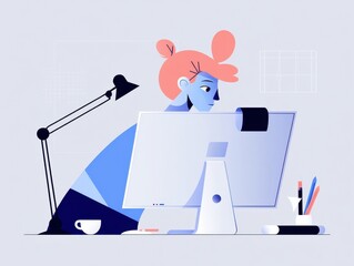 A Creative Workspace Scene Featuring a Focused Individual Working on a Computer, Surrounded by Office Supplies and a Cup of Coffee