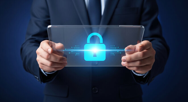 Businessperson holds transparent tablet displaying glowing blue padlock icon, symbolizing digital security, data protection, and online safety - Powered by Adobe