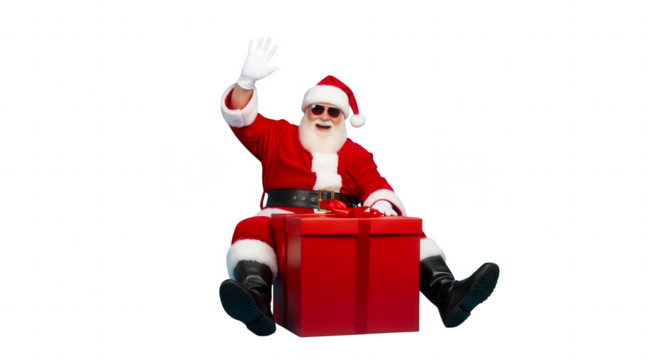 Cool santa claus wearing sunglasses sitting on a large red gift box waving hello isolated on transparent background