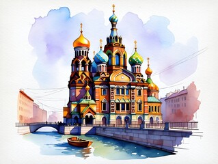 A Vibrant and Colorful Illustration of an Enchanting Church with Intricate Architecture Surrounded by Water and a Quaint Small Boat