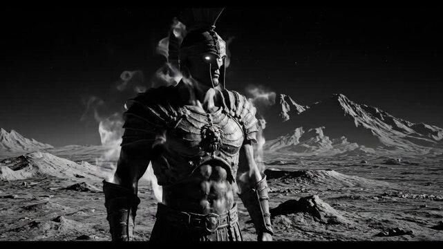 Martian God of War in Ghostly Armor - A black and white video of a powerful warrior, clad in ghostly armor, stands on a desolate Martian landscape.